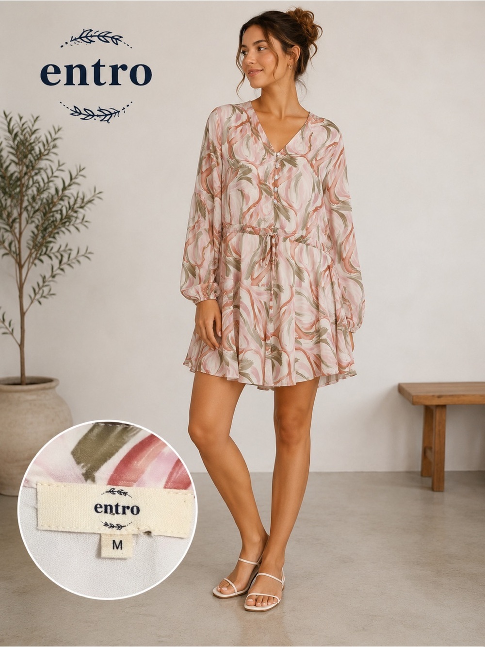 entro Pink and Olive Swirl V-Neck Tie-Waist Dress